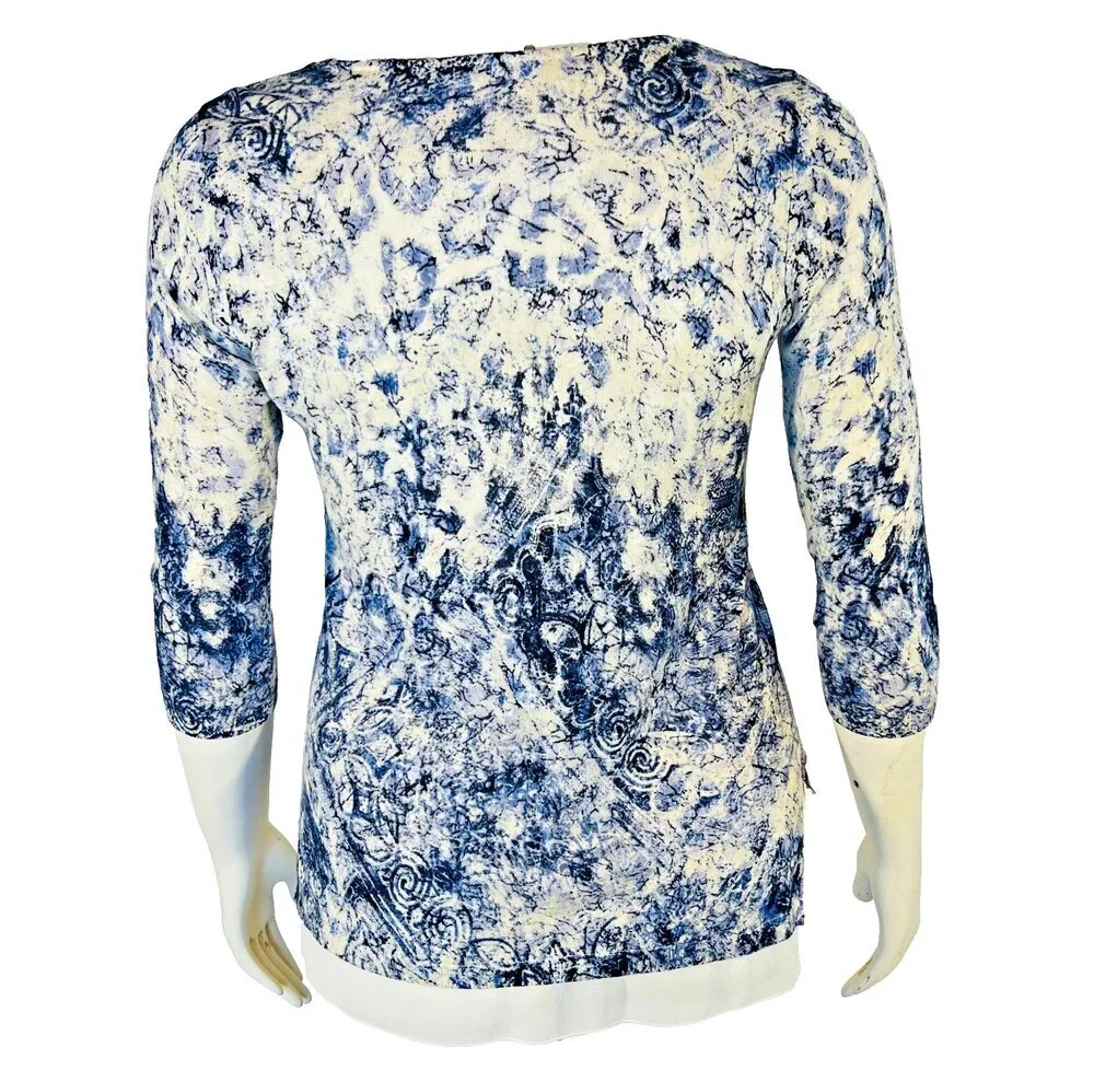 Chico's Sweater Tunic Womens S Blue Cream Abstract Roccoco Animal Print 3/4 Slve